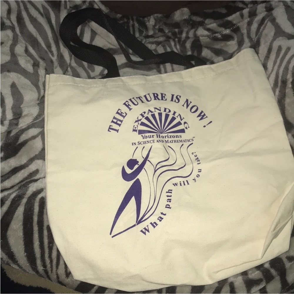 Cream canvas Tote Bag with Black Handles the future is now stained